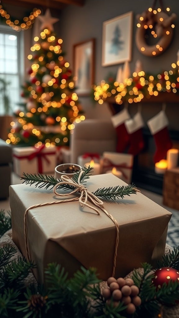 Top Christmas Gift Trends for 2025 A wrapped Christmas gift with eco-friendly paper and decorations in a festive living room.